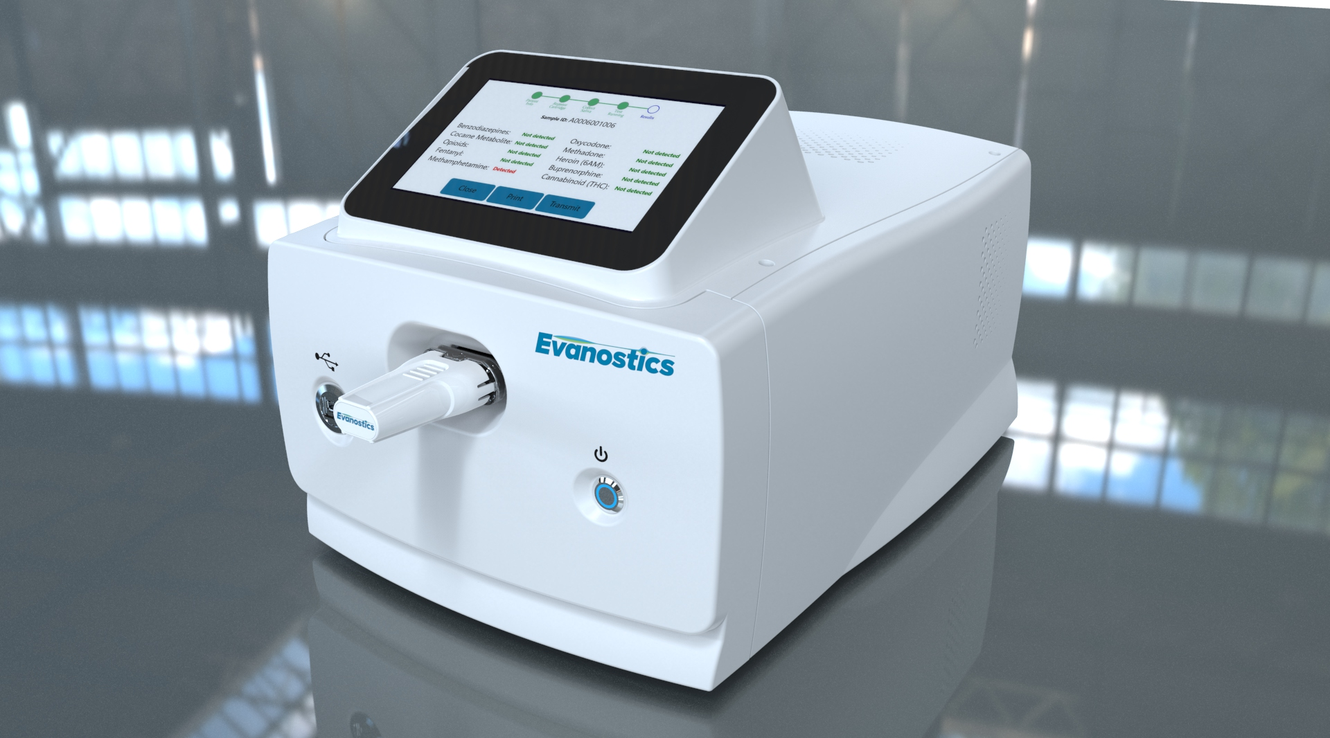 The Evanostics oral-fluid diagnostic reader: a clinical-grade instrument that reads an integrated disposable cartridge. The cartridge combines the oral-fluid collection device, sample-handling fluidics, the silicon-photonics chip, and a 10-plex competitive immunoassay.
