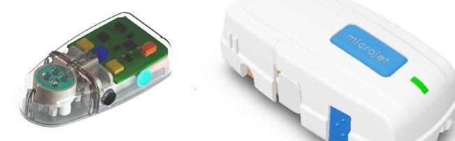 MicroJet two-panel view: internal subsystem with piezo, drug reservoir and PCB on the left, external white wearable patch-pump device labeled microjet on the right.