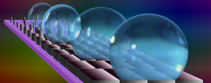 Water droplet perched on a DRIE-etched silicon pillar array, in the Cassie–Baxter wetting state with air trapped beneath.